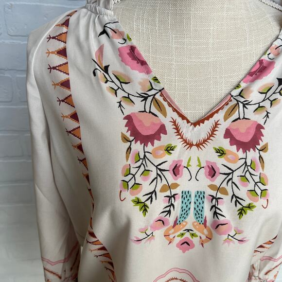 Boho Boutique Women's Tan Western Floral Print Peasant Top Blouse -sz S - Picture 3 of 6